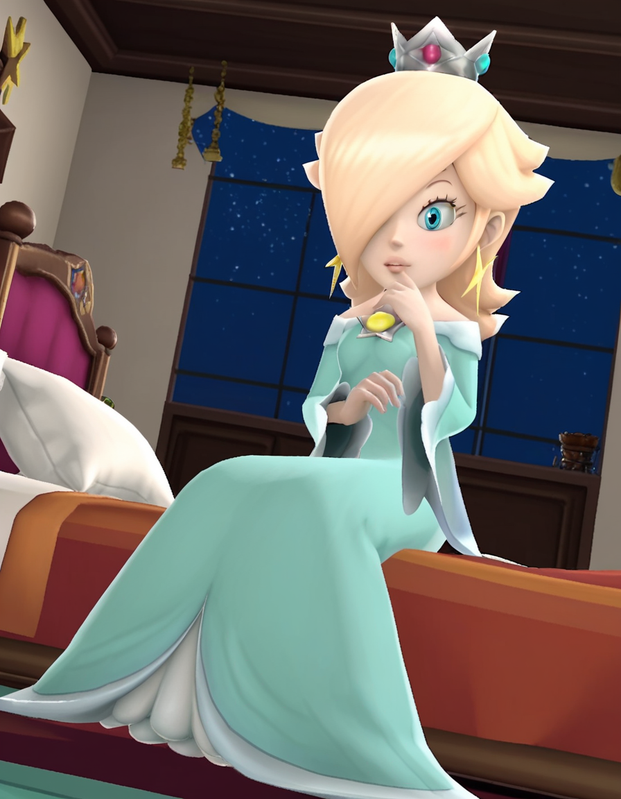 score_9, score_8_up, score_7_up, source_anime, <lora:rosalina-super-mario-galaxy-ingame-ponyxl-lora-nochekaiser:1>, rosalina, blonde hair, blue eyes, hair over one eye, long hair, 3d, blue dress, crown, dress, earrings, jewelry, princess, robe, star earrings,, indoors, bed, bed room, on side, blush, drunk,, , , elbow up, foot forward, hand on chin, solo,, cowboy shot, dutch angle