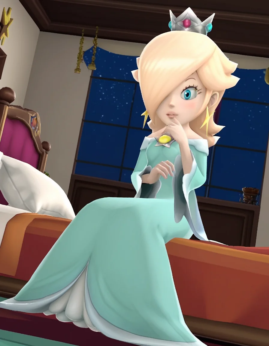 score_9, score_8_up, score_7_up, source_anime, <lora:rosalina-super-mario-galaxy-ingame-ponyxl-lora-nochekaiser:1>, rosalina, blonde hair, blue eyes, hair over one eye, long hair, 3d, blue dress, crown, dress, earrings, jewelry, princess, robe, star earrings,, indoors, bed, bed room, on side, blush, drunk,, , , elbow up, foot forward, hand on chin, solo,, cowboy shot, dutch angle