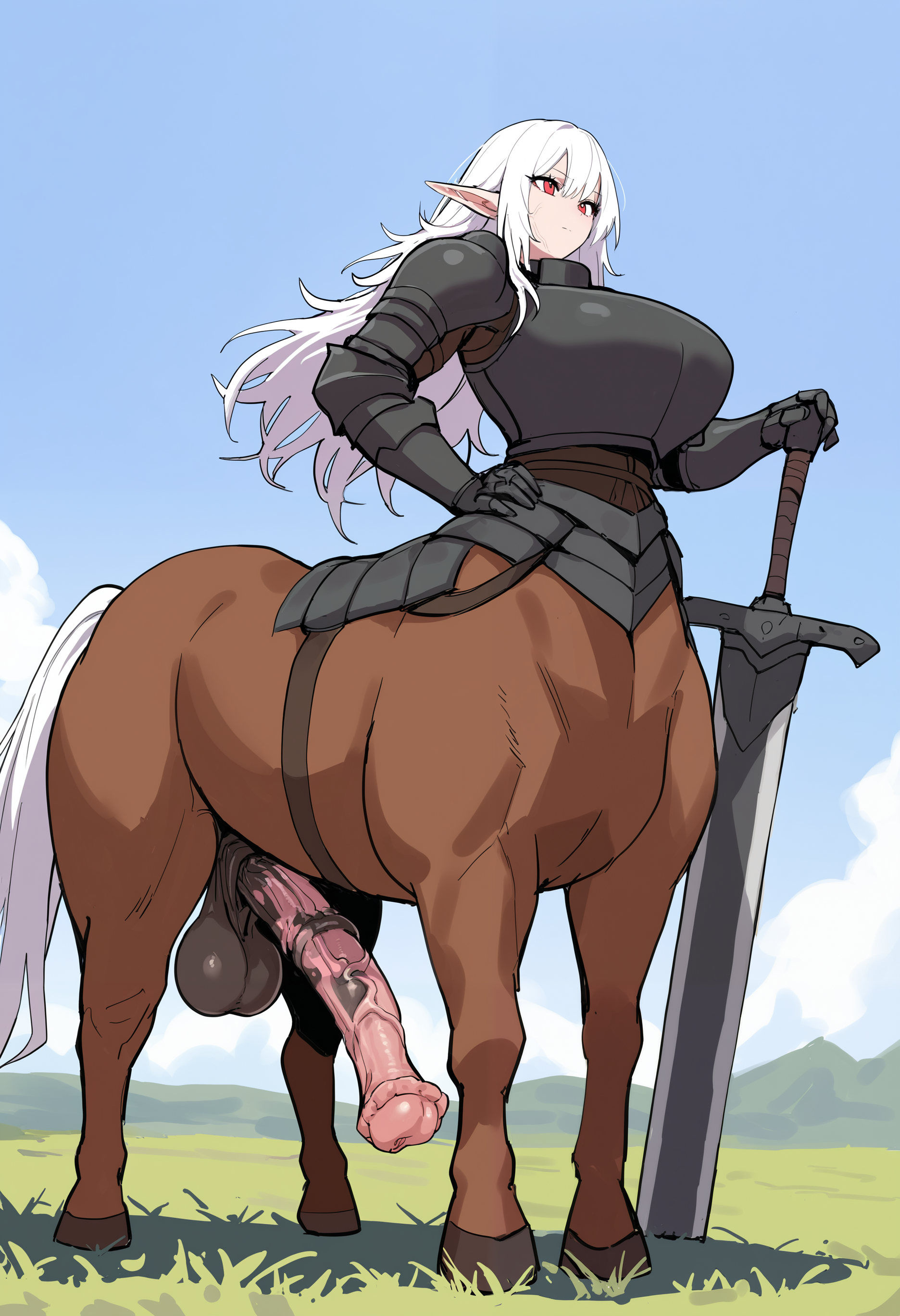 1girl, 
futanari, veins,horse penis, testicles, 
huge breasts, hand on hip, standing, hand up, muscular, long hair, white hair, red eyes, glowing, taur,holding, holding weapon, greatsword,  tail,elf,breastplate,xipa,outdoors, grass,sky,detailed background,
very awa, masterpiece, best quality, highres, absurdres, newest,
