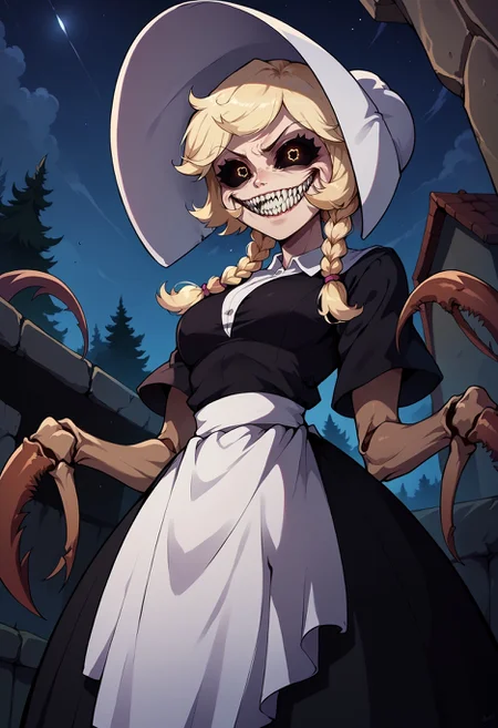 score_9, score_8_up,score_7_up,score_6_up, source_anime,night,kitchen,cliffsidecordie, arthropod girl, spider girl, extra arms, sharp teeth, twin braids, bonnet, black dress, short sleeves, white apron, from below
solgo, sharp teeth, evil grin, black sclera, glowing eyes,
<lora:Solgo-grin-v1-potat:0.8>
<lora:cliffside_cordie_ponyXL:1>