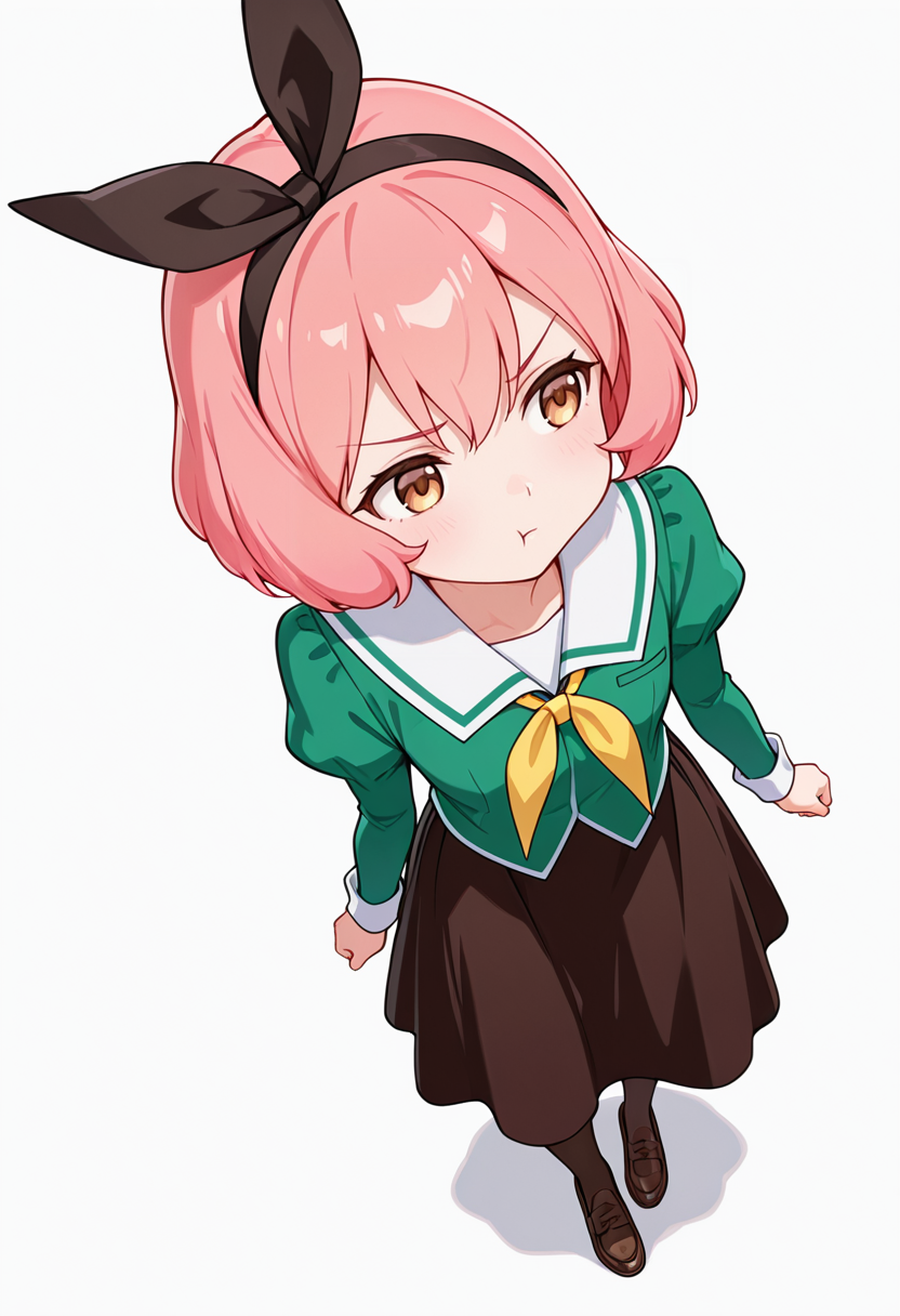 masterpiece,high quality details,absurdres, 
 <lora:Koshiba_Mai:0.8>
mar_cnr, 1girl, pink hair, short hair, bangs, brown eyes,black hairband,
mar_s1,green shirt, white sailor collar, serafuku,long skirt,black-brown skirt, juliet sleeves,pantyhose, loafers,, simple background, white background, from above,solo,, :t,