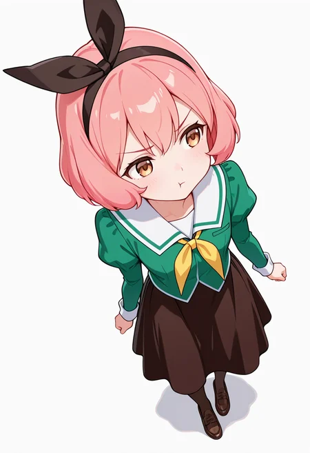 masterpiece,high quality details,absurdres, 
 <lora:Koshiba_Mai:0.8>
mar_cnr, 1girl, pink hair, short hair, bangs, brown eyes,black hairband,
mar_s1,green shirt, white sailor collar, serafuku,long skirt,black-brown skirt, juliet sleeves,pantyhose, loafers,, simple background, white background, from above,solo,, :t,
