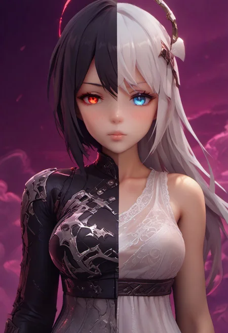 score_9, score_8_up, score_7_up, score_6_up, source_anime, masterpiece,
mythp0rt,
Vicineko, 3d,
1 girl,
full body. petite, medium-large breasts,
SplitScreen, split screen, upper body, <lora:SplitScreen_illusXL_Incrs_v1:1.2>,
1girl,
white hair,
halo,
blue eyes,
angel,
white dress,
angel wing,
pure,
adorable,
clear sky, clouds,
SplitScreen, split screen, upper body, <lora:SplitScreen_illusXL_Incrs_v1:1.2>,
1girl,
black hair,
demon girl,
red eyes,
human,
horns,
demon wing,
seductive look,
black clothes,
see through clothes,
reddish hell scenery,