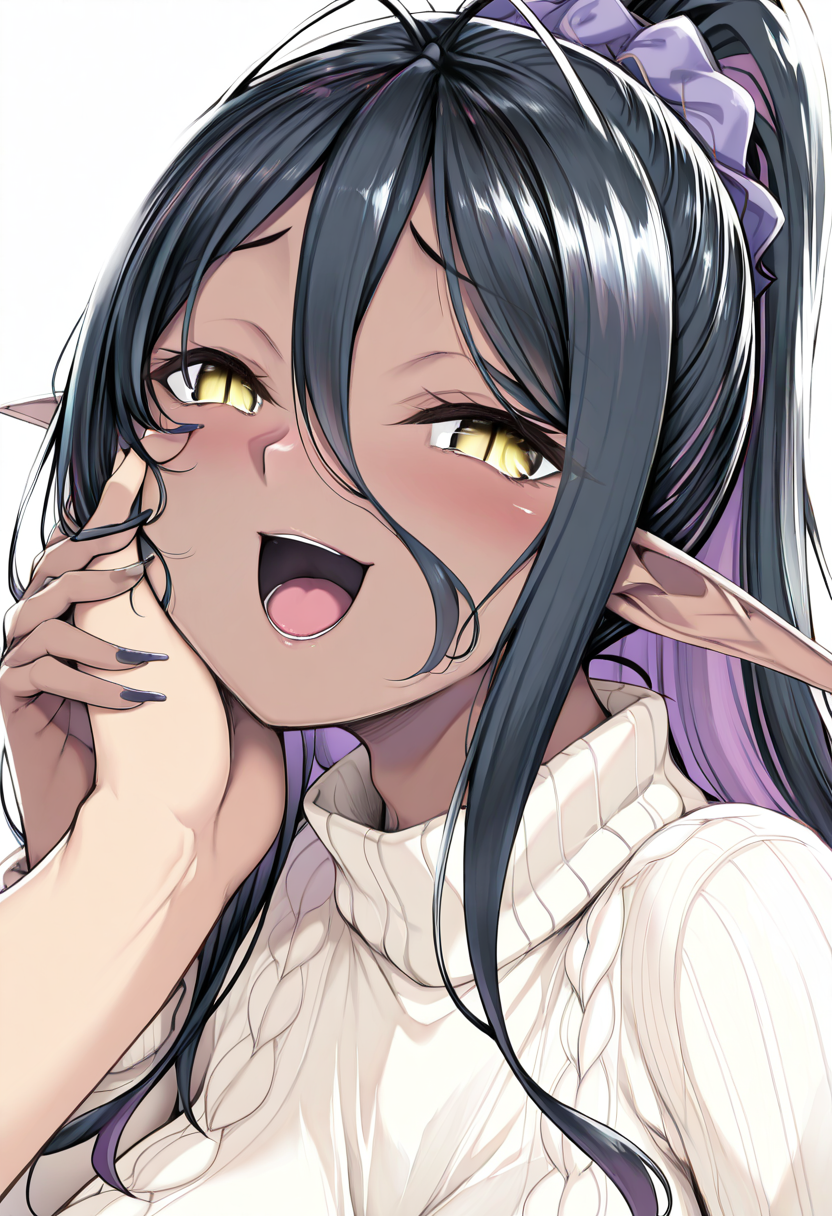 masterpiece, best quality, no humans,  zzMariabelle, yellow eyes, long multicolored hair, antenna hair, pointy ears, dark skin, dark elf,   zzMariabelle, looking at viewer, blush, smile, open mouth, simple background, white background, :d, solo focus, nail polish, sweater, fingernails, turtleneck, pov, slit pupils, black nails, ribbed sweater, long fingernails, turtleneck sweater, white sweater, hand on another's face, hand on another's cheek  ,<lora:MariabelleIXL:1.0>,   <lora:ZankuroStyle_NAI:0.5>,