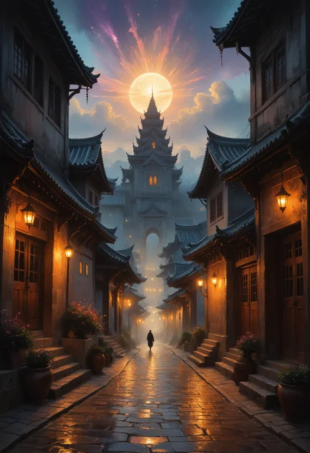 (Mixed art of soft digital oil painting and rough charcoal drawing:1.4), On a palette that's not naturalistic, mood and atmosphere, highly expressive, emotional impact, inner feelings, Post-Impressionism, beauty and vitality, a complicated scratch,
winding hanok streets weave through traditional architecture adorned with vibrant dancheong patterns. Hidden alleyways lead to transdimensional portals opening into enchanted courtyards bathed in twilight hues and gentle moonlight. Urban magic imbues the atmosphere with a surreal ambiance and mystical vibrancy, creating a visual symphony of prismatic tints and golden glimmers. As the sun sets, the city transforms into a world of other dimensions, where time dances through layers of temporal elegance and ethereal calm, a true multiverse gateway. Amidst this ethereal setting, the silhouette of a man in black stands resolute, his presence a timeless guardian of the city's mystical secrets, ensuring the balance between realms remains undisturbed.
extraordinary (masterpiece:1.2), (best quality:1.1), ultra highres, 8K, hyperdetailed, intricate details, Refined details,
moody colors, dramatic lighting,
vintage color grading, and shallow depth of field, Black and White tone,
<lora:add-detail-xl:1.2> <lora:ClassipeintXL2.1:0.4> <lora:linquivera:1> liiv1, <lora:zavy-mthcl-sdxl:0.6> zavy-mthcl