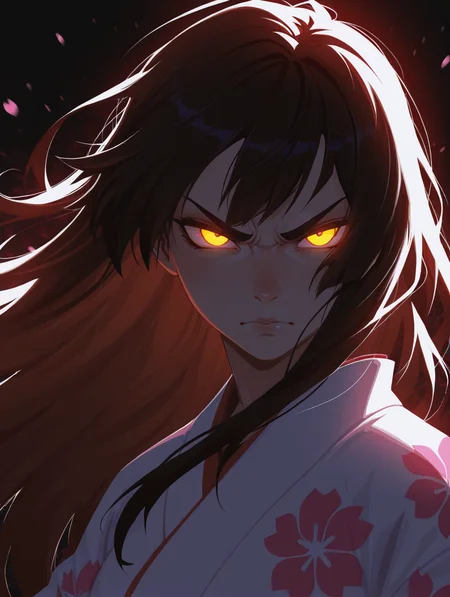 1women, face focus, determined, serious, confident, angry, detailed eyes, glowing eyes, japanese clothing, patterned kimono, cherry blossom, windy, flowing hair, dramatic lighting, shadows,, masterpiece,best quality,amazing quality,, ICJournals, blocky, painterly, <lora:Incase_New_Illust:0.5>