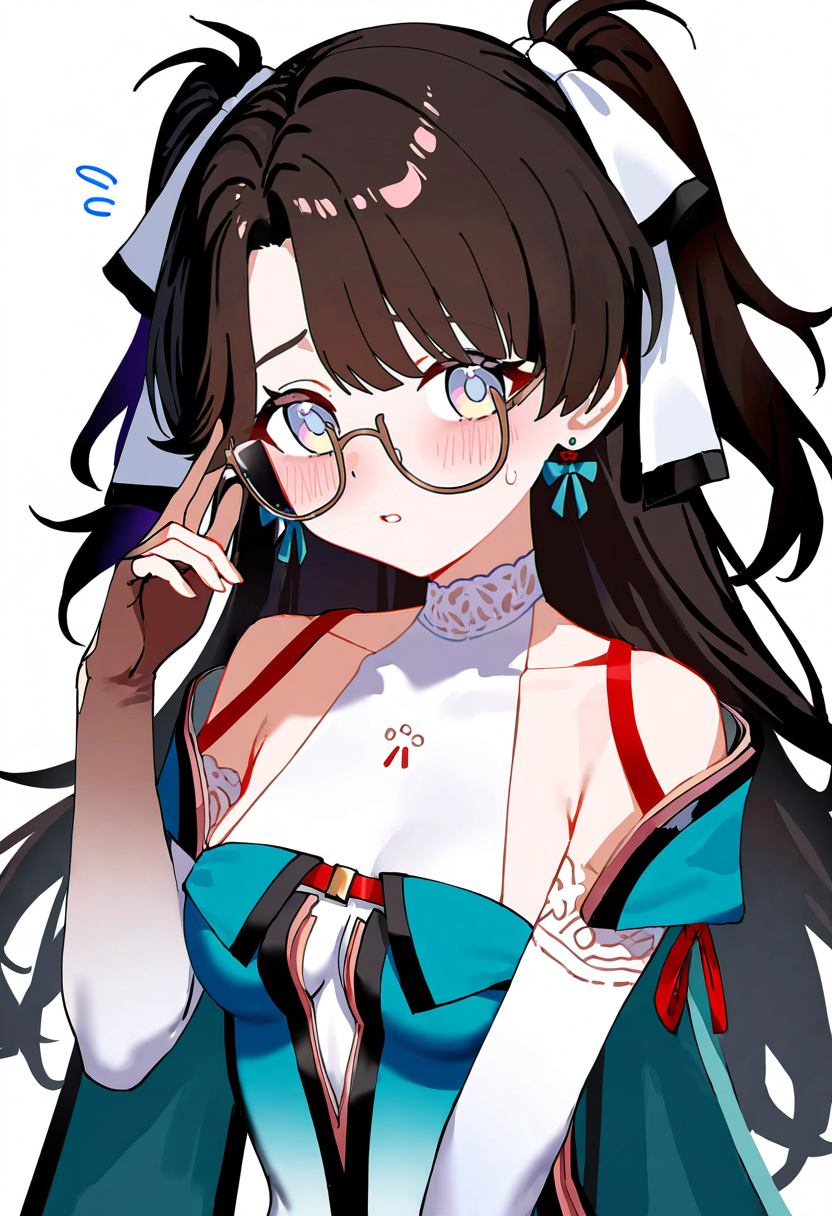 1girl,zhezhi_\(wuthering_waves\),solo,multicolored eyes,long hair,fingerless gloves,gloves,glasses,two side up,flying sweatdrops,dress,white background,blue dress,parted lips,bare shoulders,earrings,breasts,blush,jewelry,adjusting eyewear,looking at viewer,white ribbon,ribbon,brown gloves,medium breasts,bow,brown-framed eyewear,hair ribbon,upper body,virtual youtuber,detached sleeves,simple background,elbow gloves,
masterpiece,best quality,very aesthetic,highres,absurdres,
<lora:zhezhi_NoobVpred75S:1>,