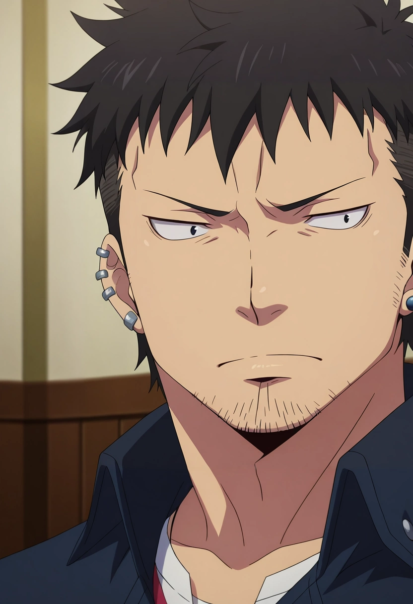 masterpiece, best quality, intricate details, anime screencap, , , , , 1boy, solo, male focus, <lora:ryuuji_suguro_ilxl:0.92>, ryuuji_suguro, black hair, black eyes, short hair, , facial hair, stubble, ear piercing, ,