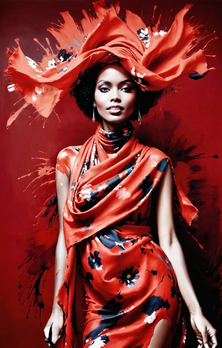 surrealist avant-garde, fashion photography, shot by ellen von unwerth, [ a red powder explosion : close-up of a beautiful Cape Verdean woman wearing a floral print scarf, soft smile : 6], <lora:MS_AcrylicArt_V1_SDXL:0.8> acrylic_painting, painting, brush strokes, paint drops, paint splatter