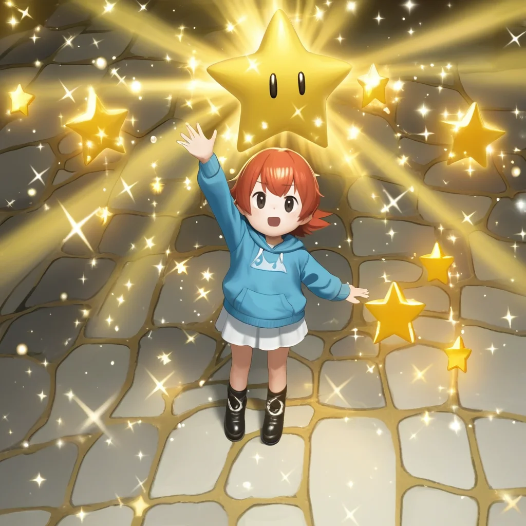 score_9, score_8_up, score_7_up, score_6_up, score_5_up, score_4_up, zPDXL2,source_anime,rating_questionable, <lora:SuperStar:0.8> sup3rst4r, star (symbol), sparkle, arm up, open hand, high angle
