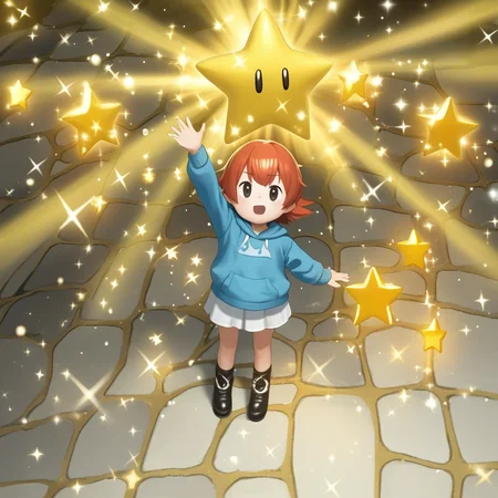 score_9, score_8_up, score_7_up, score_6_up, score_5_up, score_4_up, zPDXL2,source_anime,rating_questionable, <lora:SuperStar:0.8> sup3rst4r, star (symbol), sparkle, arm up, open hand, high angle