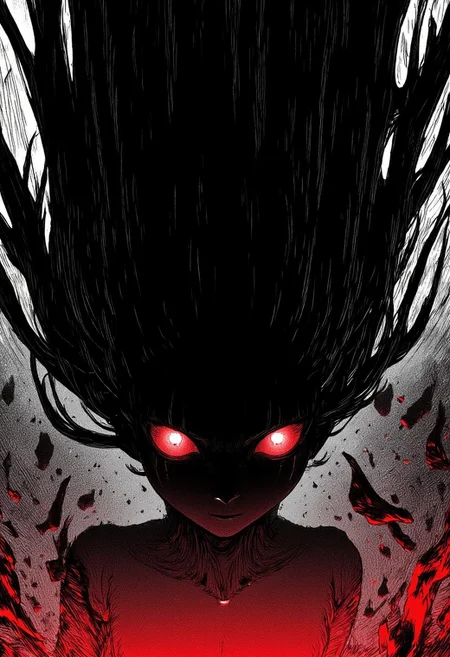 nistyle, monochrome Manga Sketch, extreme head Closeup, a dark ethereal womans black billowing hair, hair floating upward, Killing Gaze smile, eerie, Shrouded in darkness, shaded eyes, Low angle View, hyperdetailed manga sketch style, with bleaked  color Highlights, grey, and white color grading. Greyscale