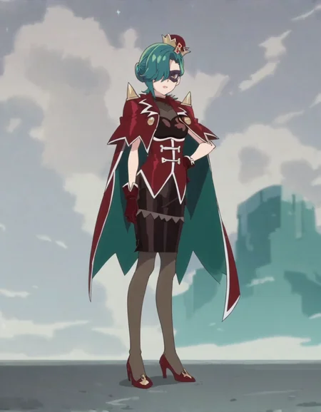 score_9, score_8_up, score_7_up, anime screencap, solo,1girl,  gloves, cape, pantyhose, green hair, high heels, mask, skirt, hair over one eye, hand on hip, red gloves, short hair, looking at viewer, crown<lora:Secretoru:0.8>