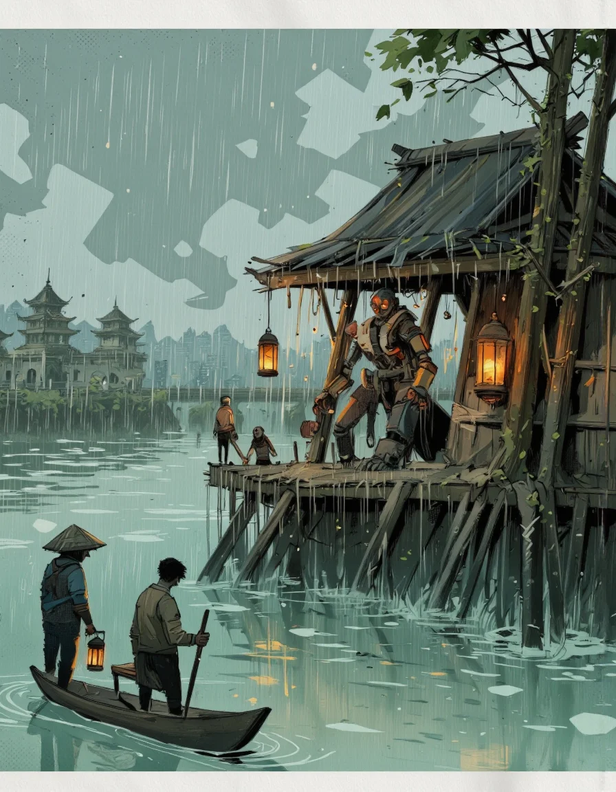 By Alex Vede. A digital illustration shoot from the side about a serene scene depicting a giant mechanical creature emerging from a traditional japanese-style building in the rain, with lanterns hanging from the roof and a small boat in front of it. the scene is set in a rural area near a river, with a wooden building with a thatched roof and lanterns on the roof, surrounded by tall pagodas and a distant cityscape in the background. on the right side of the image, a large mechanical creature with glowing red eyes appears to be a humanoid figure, standing on the wooden platform of the building. the creature is positioned in the middle of the scene, with two small figures standing beside it, one of them holding a lantern and the other holding a small wooden boat. the building is partially submerged in the water, and the rain is pouring down heavily, creating a dramatic atmosphere. the background features a misty, overcast sky with distant buildings and a bridge in the distance, adding to the serene ambiance. the overall color palette is muted, with shades of green and blue, giving the scene a sense of depth and atmosphere.
solo, looking at viewer, 2boys, outdoors, sky, day, cloud, water, lantern, watercraft, no humans, tree, building, lanterns, scenery, scenery background, rainy, architecture, wooden structure, river, floating village