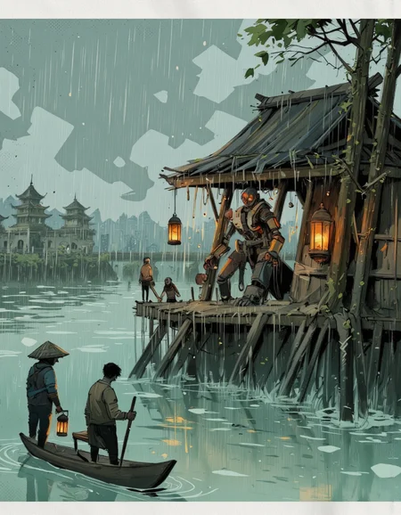 By Alex Vede. A digital illustration shoot from the side about a serene scene depicting a giant mechanical creature emerging from a traditional japanese-style building in the rain, with lanterns hanging from the roof and a small boat in front of it. the scene is set in a rural area near a river, with a wooden building with a thatched roof and lanterns on the roof, surrounded by tall pagodas and a distant cityscape in the background. on the right side of the image, a large mechanical creature with glowing red eyes appears to be a humanoid figure, standing on the wooden platform of the building. the creature is positioned in the middle of the scene, with two small figures standing beside it, one of them holding a lantern and the other holding a small wooden boat. the building is partially submerged in the water, and the rain is pouring down heavily, creating a dramatic atmosphere. the background features a misty, overcast sky with distant buildings and a bridge in the distance, adding to the serene ambiance. the overall color palette is muted, with shades of green and blue, giving the scene a sense of depth and atmosphere.
solo, looking at viewer, 2boys, outdoors, sky, day, cloud, water, lantern, watercraft, no humans, tree, building, lanterns, scenery, scenery background, rainy, architecture, wooden structure, river, floating village