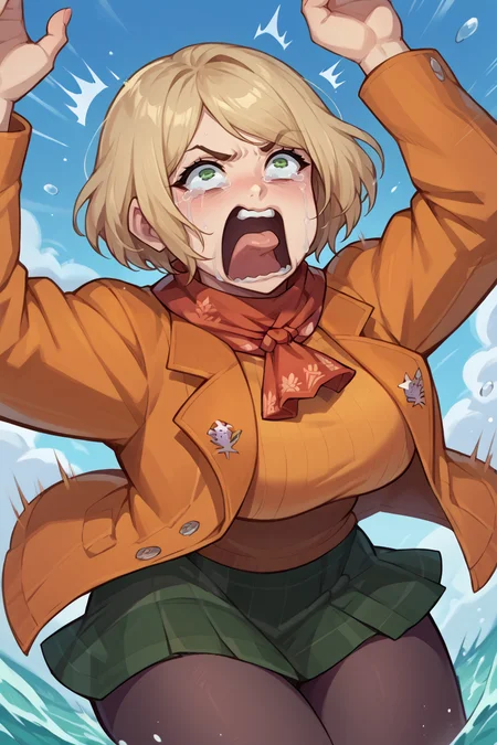 score_9, score_8_up, score_7_up, score_6_up, source_anime BREAK 1girl <lora:ashleygraham-pdxl-nvwls-v1-000005:1> reAshley, green eyes, red neckkerchief, orange jacket, orange sweater, green miniskirt, pantyhose, (big breasts:0.6), <lora:concept_aquascreaming_ponyXL:1> aquascreaming, screaming, open mouth, crying with eyes open