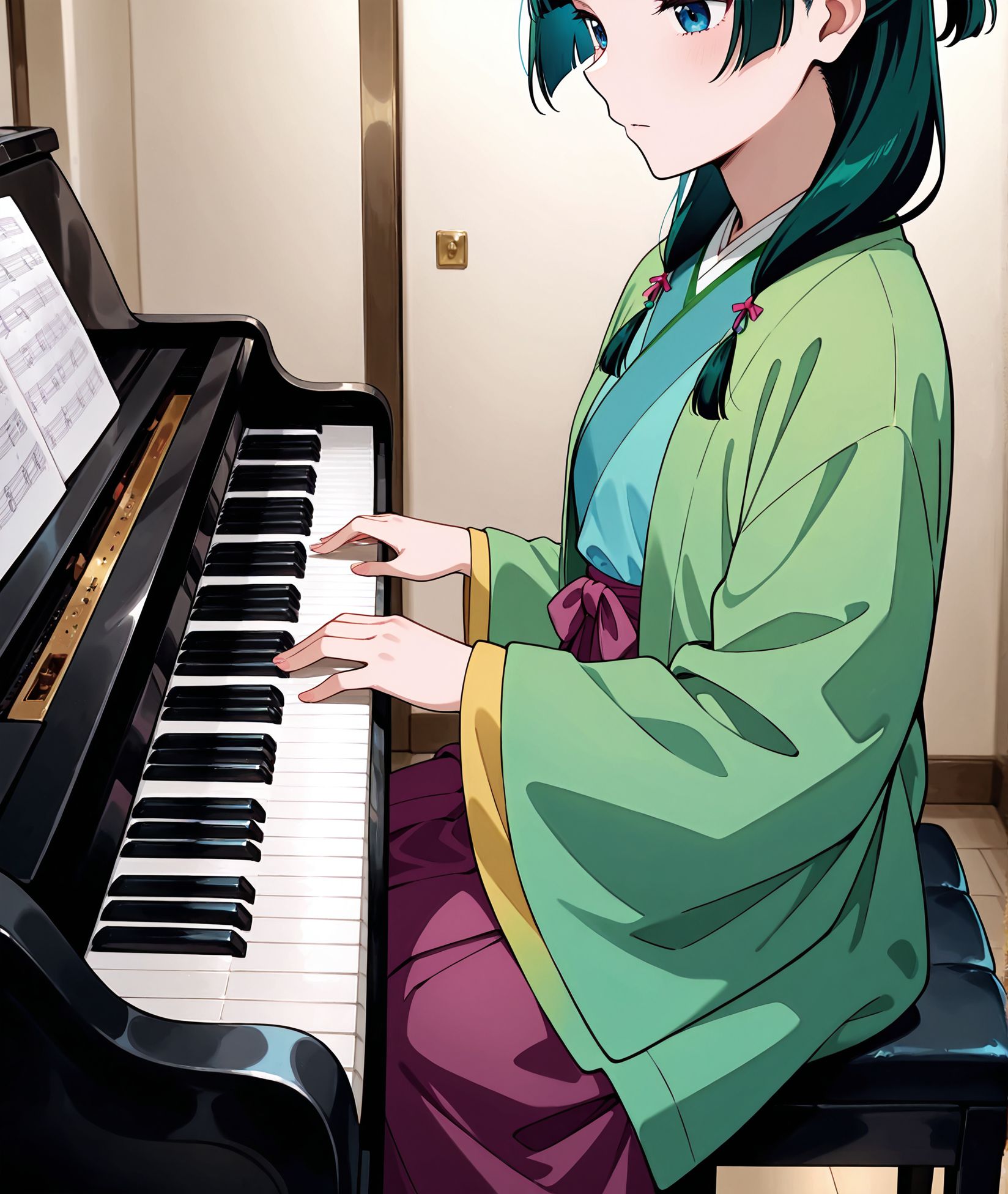 masterpiece, best quality, newest, absurdres, highres, detailed eyes, beautiful, detailed background, perfect eyes, anime coloring, anime screencap,
<lora:Erotic_Pianist:0.7> Erotic_ianistV1,
1girl,piano,instrument,breasts,
solo,sitting,piano bench, head out of frame,
play piano, hands on keyboard \(instrument\), from side, 
kusuriya no hitorigoto, 
jinshi \(kusuriya no hitorigoto\), 
BREAK
maomao \(kusuriya no hitorigoto\),