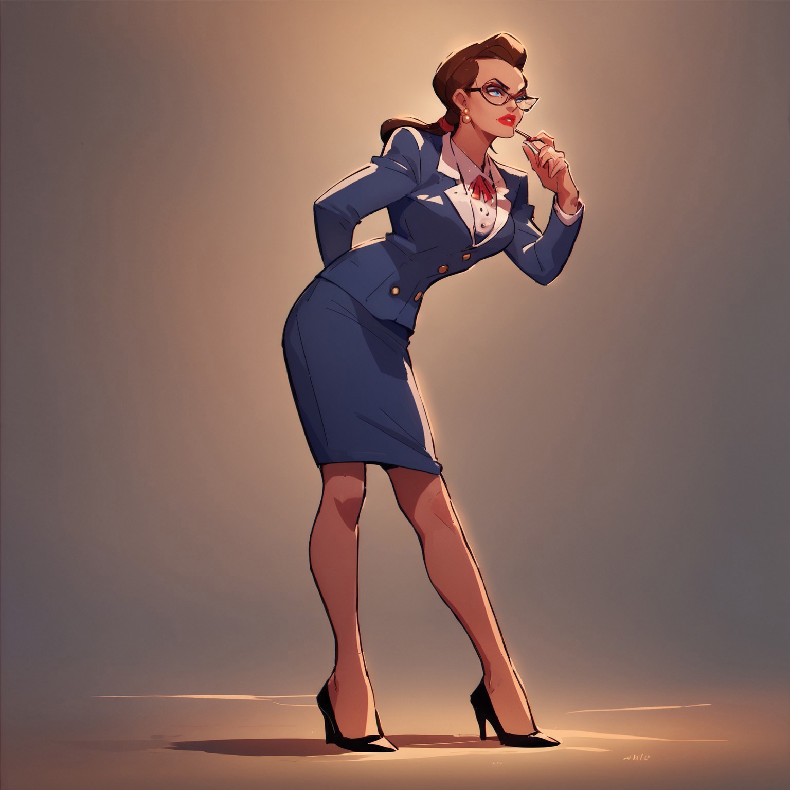 safe_pos, score_9, score_8_up, score_7_up, solo, 1girl, makeup, lipstick, ponytail, brown hair, blue eyes, formal, glasses, skirt suit, formal, earrings, breast, high heels, courtroom background, Janet Van Dorn
