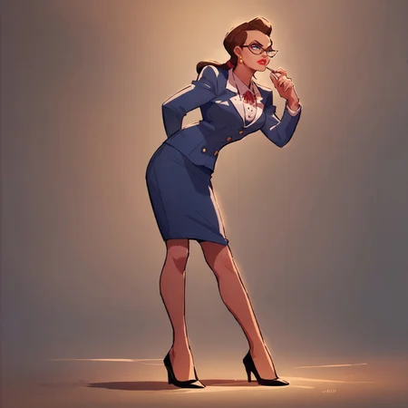 safe_pos, score_9, score_8_up, score_7_up, solo, 1girl, makeup, lipstick, ponytail, brown hair, blue eyes, formal, glasses, skirt suit, formal, earrings, breast, high heels, courtroom background, Janet Van Dorn