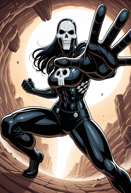 comic 1girl, solo, punisher, perspective, reaching, foreshortening, masterpiece, best quality, amazing quality, dynamic pose, dutch angle shot . graphic illustration, comic art, graphic novel art, vibrant, highly detailed