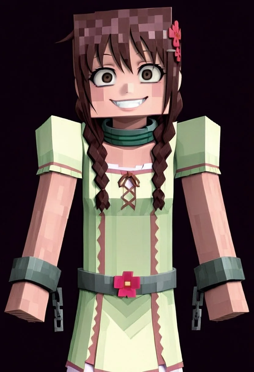 minecraft filter,
1girl, solo, takami minatsuki, twin braids, brown hair, brown eyes, red flower hairpin, beige dress, cuffs, Deadman Wonderland Collar, flat chest, sfw,
standing, looking at viewer, crazy eyes, evil grin, yandere,
simple background,