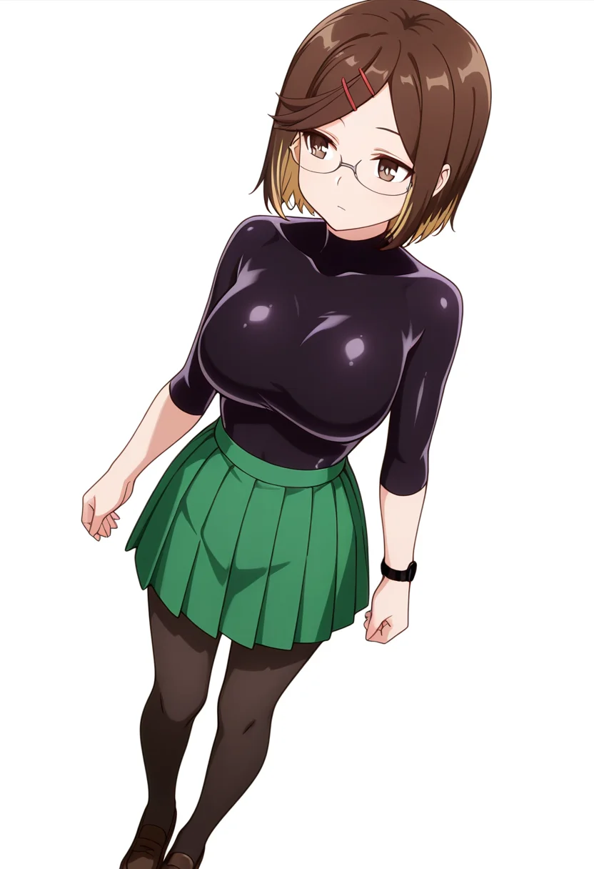 masterpiece,high quality details, absurdres,
<lora:Konoha_Koga:0.8>koga_cnr, 1girl, brown hair, short hair, brown eyes, blonde hair, two-tone hair, large breasts, semi-rimless eyewear,hairclip,
koga_s1,green pleated skirt,black pantyhose, loafers, wristwatch,bodysuit,, simple background, white background, dutch angle,solo,