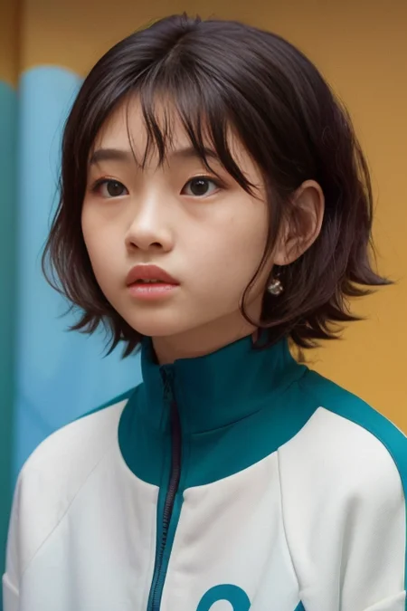 <lora:Squid Saebyeok:0.8>, (1girl), (best quality), (masterpiece), (high resolution), (intricate details), (photorealistic), (cinematic light)
solo,jacket,blurry background, realistic, shirt, jacket, v, portrait, double v, blurry, black hair, short hair, simple background, brown hair, teeth, closed mouth, open jacket, (green and blue jacket), lips, looking at viewer, parted lips, male focus, white shirt, blurry background, blue eyes, open clothes, smile, (messy hair), black eyes, track jacket, freckles, looking back, upper body, orange background, long sleeves, yellow background, nose, bangs, pants, turtleneck, indoors, close-up, solo focus, open mouth, plaid, looking up, outdoors, depth of field, looking to the side, brown eyes, black shirt, blue hair, looking away, print shirt, jewelry, white background, striped shirt, earrings, mole, reference inset, day, sun shining, shiny skin, sun flare, (skin spots), (ultimate skin texture:1.4)