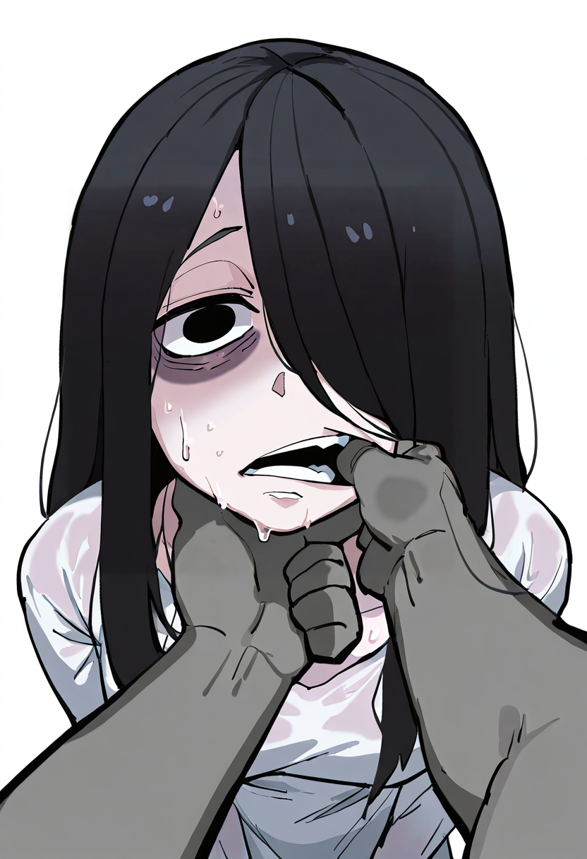 <lora:breadcattaILv2:1>, 1girl, long hair, hair over one eye, looking at viewer, solo focus, yamamura sadako, bags under eyes, mouth pull, sweat, white background, parted lips, dress, pov, black hair, pov hands,, masterpiece, best quality