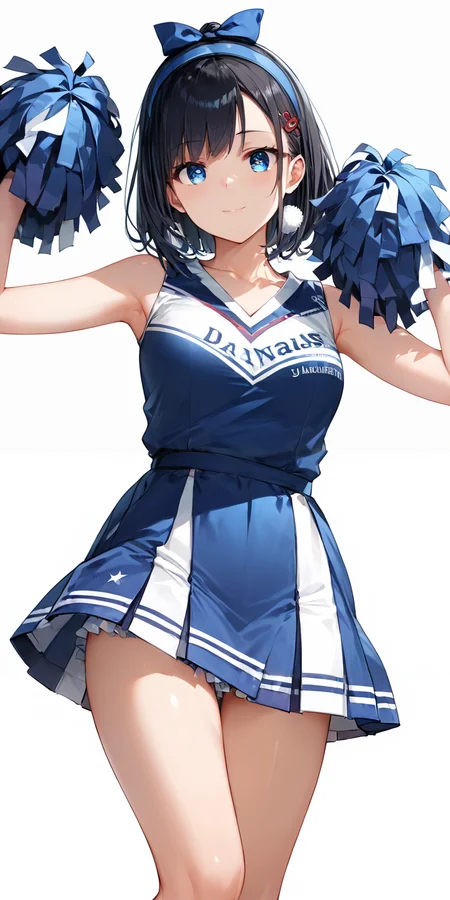 score_9, score_8_up, score_7_up,source_anime, high res image,masterpiece,best quality,girl,cute face,clear skin,shiny hair,ultra detailed eyes,simple background, <lora:undercoat_pony_V2.0:0.9> frilled undercoat,blue undercoat,dress <lora:cheerleader_pony_V1.0:0.4> jyojifuku, cheerleader, pom pom \(cheerleading\)