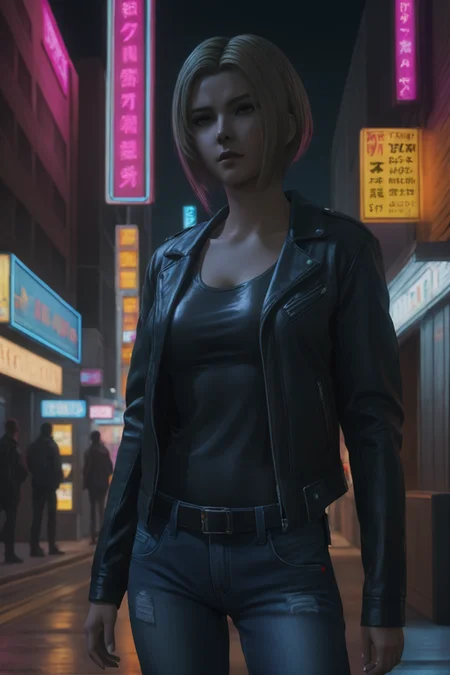 masterpiece,highres,realistic,1girl,benedikta_harman,<lora:benedikta_sdxl_V1:0.65>,upper body,looking at viewer,downtown,street,road_sign,lamppost,night,leather_jacket,jeans,power_lines,vending_machine,neon lights,cyberpunk city,