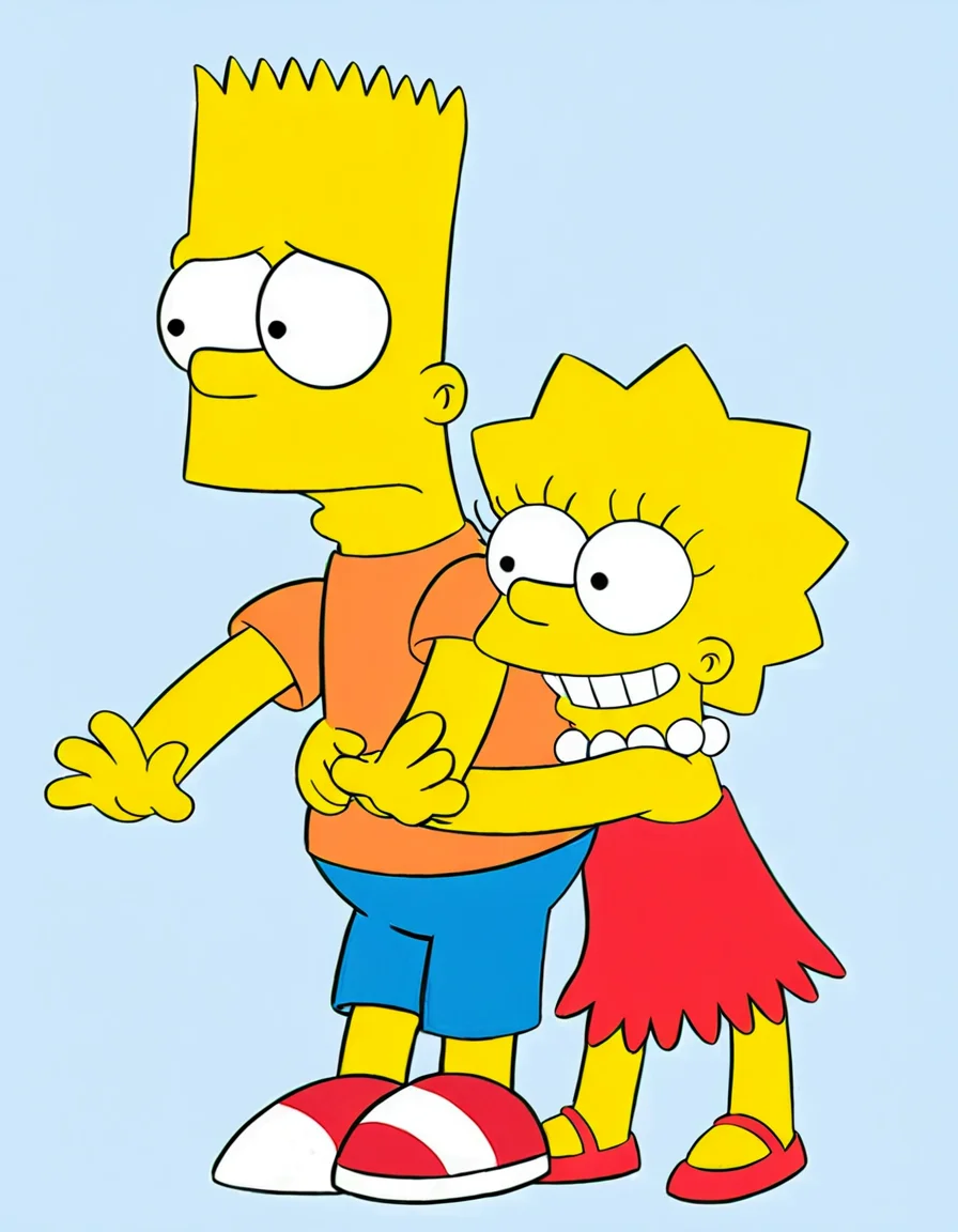 bart_simpsons, boy, wearing an orange shirt and blue shorts hugging, lisa_simpsons, girl, wearing a red dress and pearl necklace, both smiling, 1boy, 1girl, both same size, hug,
masterpiece, best quality,
<lora:the_simpsons:1>