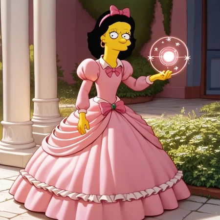 score_9, score_8_up, score_7_up, score_6_up, score_5_up, score_4_up, garden, castle garden, g1na v3ndetti, multicolored hair, black hair, pink hair, two-tone hair, solo, 1 girl, simpsons, pink hairband with bow, huge pink rococo princess ball gown hoop skirt, huge pannier skirt, ball gown hoop skirt, pink princess dress, hoopdress, my big princess gypsy wedding dress, ballgown, Ba11g0wn, puffy sleeves, long sleeves, a girl in a dress posing for a picture, looking at viewer and smiling, holding a magical staff in hand, casting a magic spell,