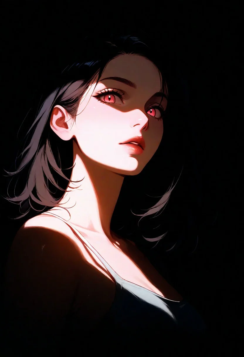 , lips, thin lips, parted lips, solo, looking at viewer, camisole, upper body, dark, underlightling, masterpiece, best quality, very aesthetic