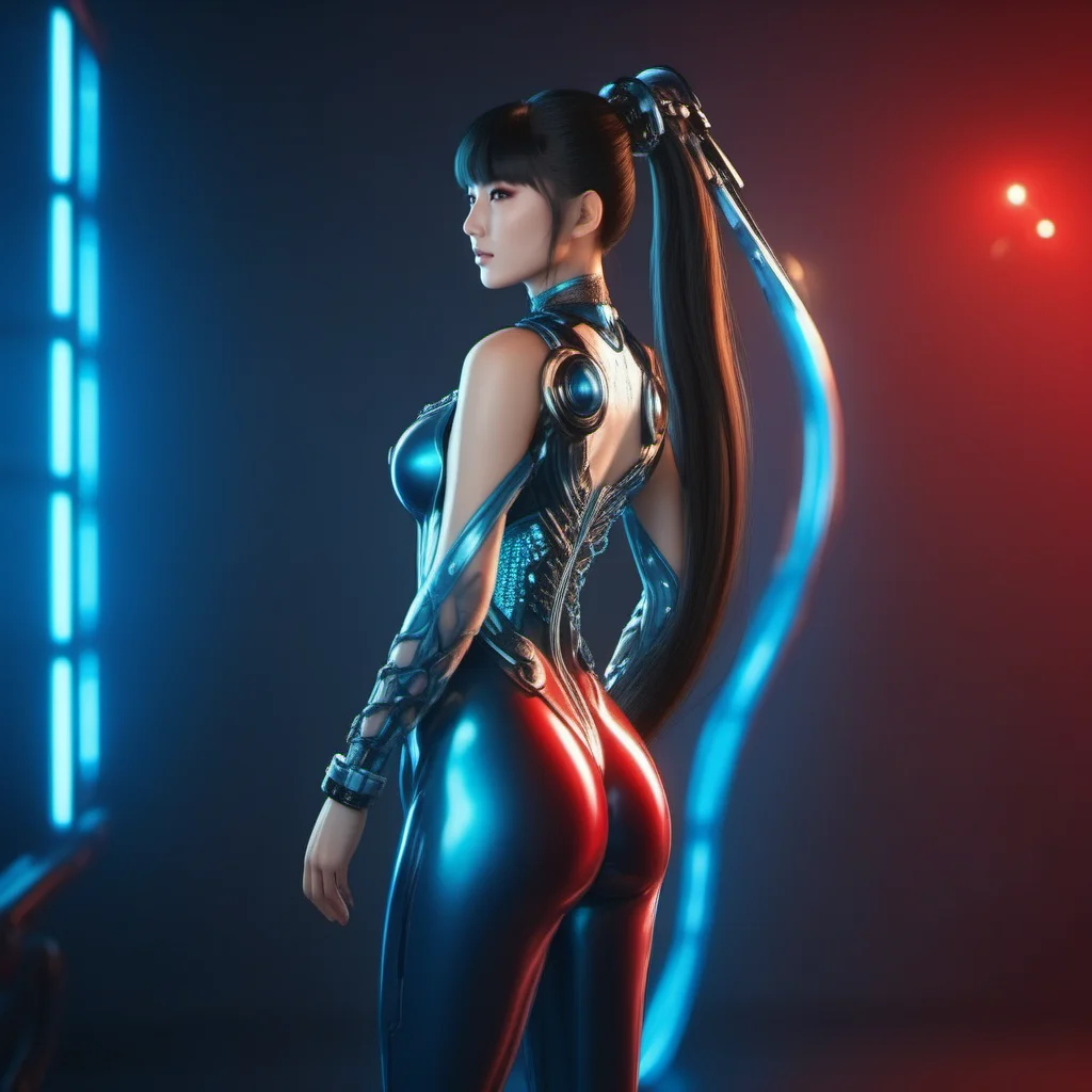 cinematic photo a full body asian busty woman with long ponytail in a red blue futuristic bodysuit <lora:Eve-StellarBlade1024:0.8> . 35mm photograph, film, bokeh, professional, 4k, highly detailed