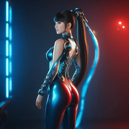 cinematic photo a full body asian busty woman with long ponytail in a red blue futuristic bodysuit <lora:Eve-StellarBlade1024:0.8> . 35mm photograph, film, bokeh, professional, 4k, highly detailed