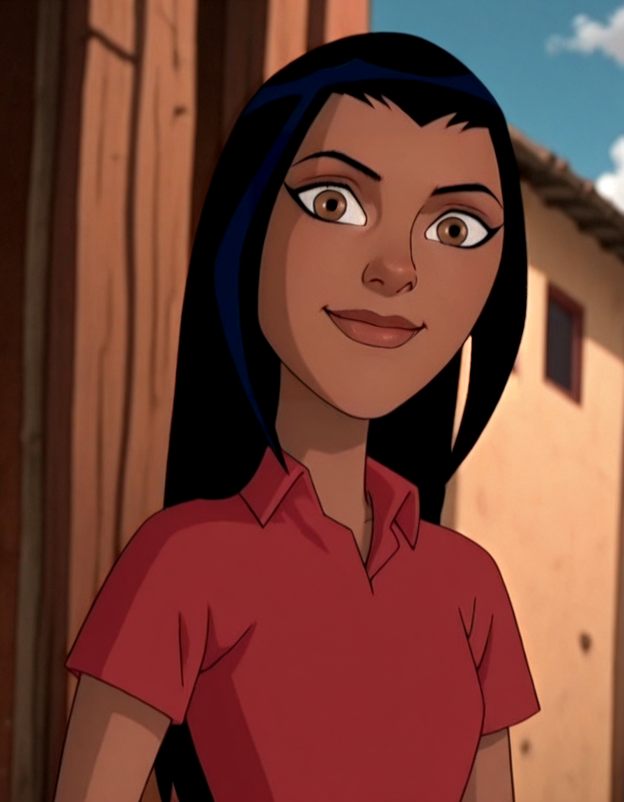 kaiOS, kaiOS outfit1, 1girl, solo, dark-skinned female, brown eyes, long hair, black hair, polo shirt, collared shirt, smile, looking at viewer, upper body, day, sky, detailed, masterpiece,best quality,amazing quality,