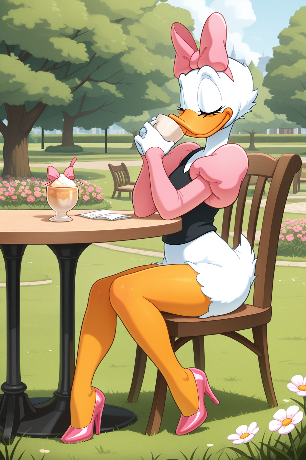 masterpiece, best quality, amazing quality, absurdres, daisyduck, solo, sitting, closed mouth, drinking, holding cup, relaxing, closed eyes, white plumage, white feathers, orange legs, pink ribbon, puffy sleeves, short pink sleeves, black shirt, pink stiletto heels, outdoors, cafe, park, grass, flowers