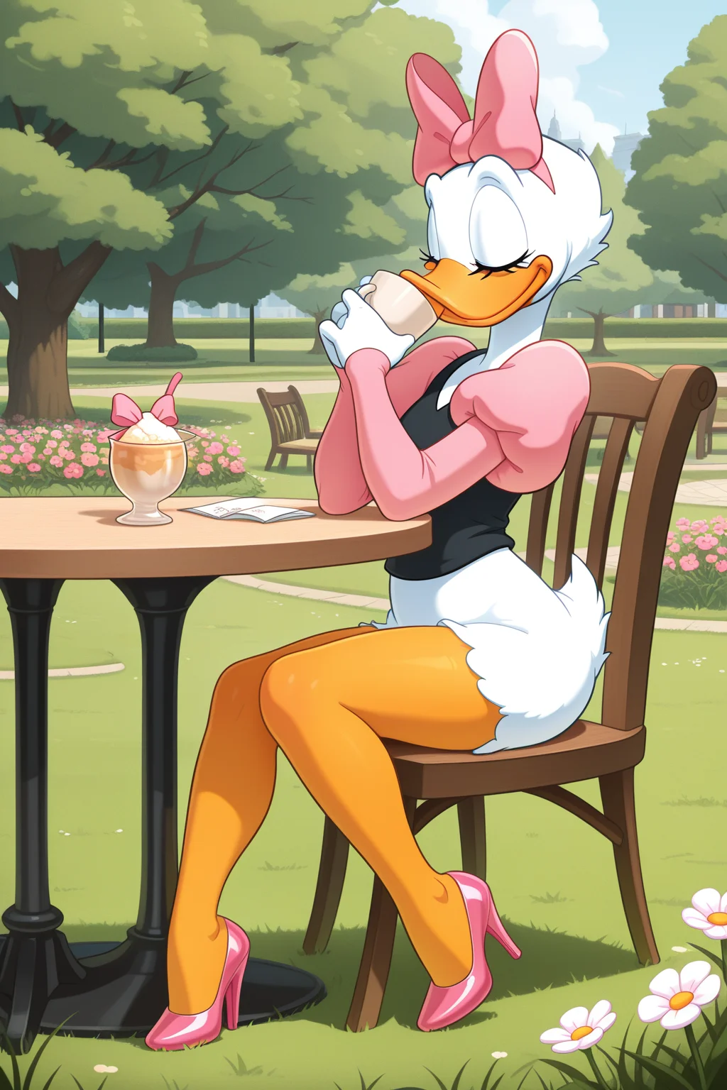 masterpiece, best quality, amazing quality, absurdres, daisyduck, solo, sitting, closed mouth, drinking, holding cup, relaxing, closed eyes, white plumage, white feathers, orange legs, pink ribbon, puffy sleeves, short pink sleeves, black shirt, pink stiletto heels, outdoors, cafe, park, grass, flowers