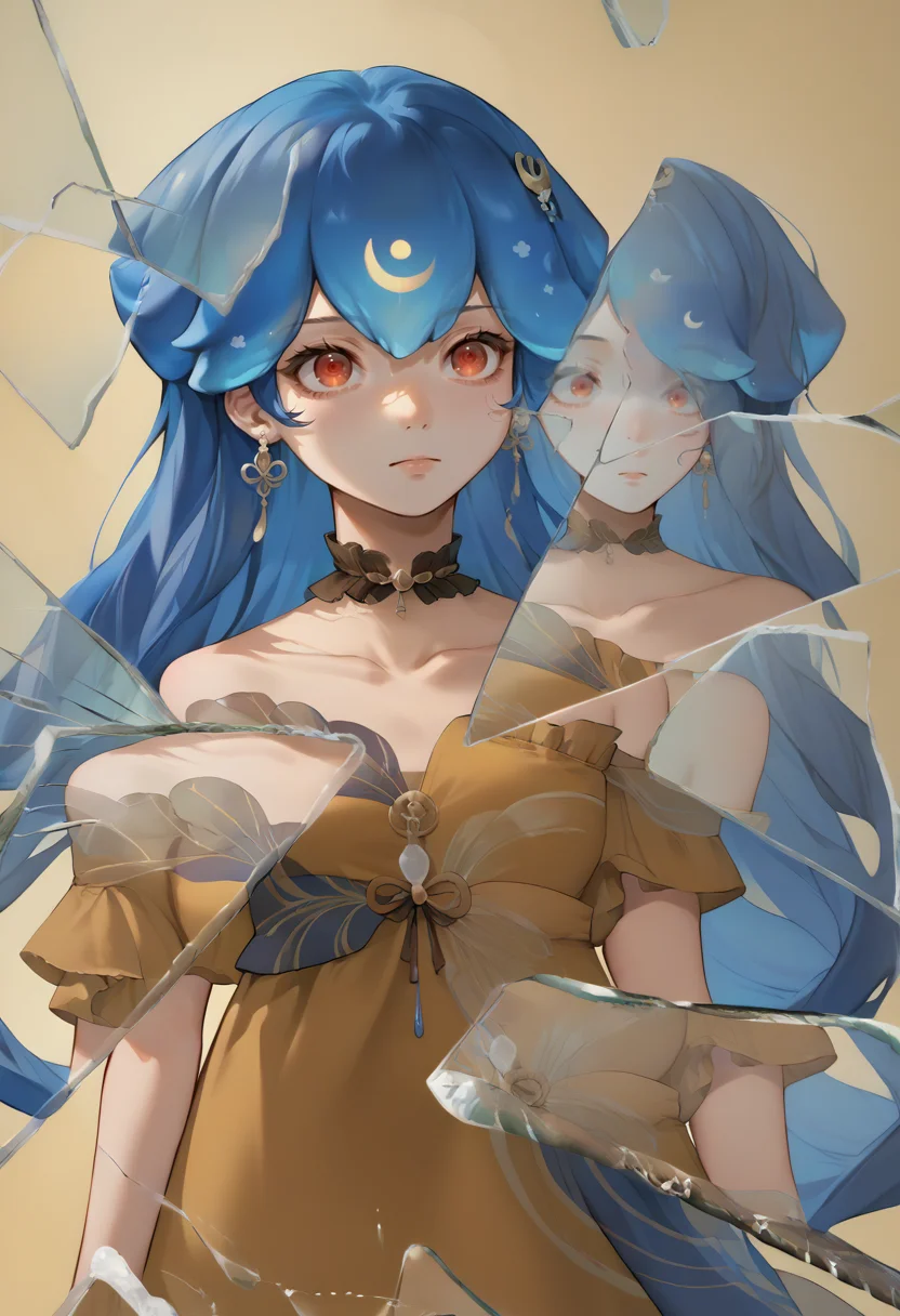 score_9, score_8_up, score_7_up, source_anime, 1girl, solo, <lora:Bao_XLPD:1>, BaoSecond, blue hair, liquid hair, long hair, bangs, hair ornament, jewelry, choker, earrings, off-shoulder dress, yellow dress, off shoulder, collarbone, bare shoulders, wave print, shawl, see-through, bare arms, <lora:BreakingGlassXLPDCAME:1> IncrsXLBrknGls, broken glass, reflection, upper body