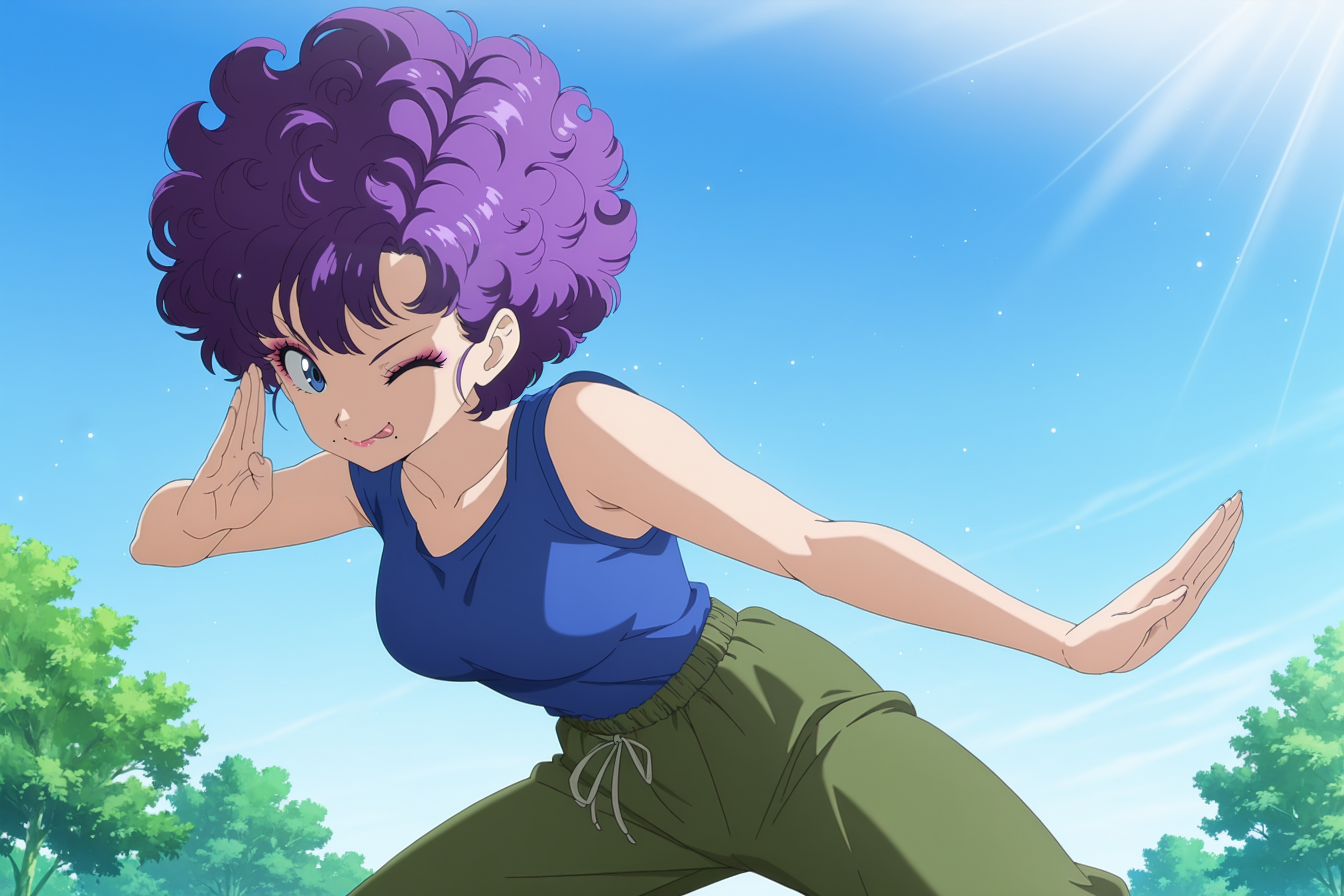 anime screencap, masterpiece, best quality, amazing quality, very aesthetic, absurdres,  newest, (scenery, volumetric lighting), light particles, light rays, dappled sunlight,
ranfan, official style, 1girl, solo, breasts, looking at viewer, smile, short hair, curly hair, purple hair, blue eyes, makeup, mole under mouth, sleeveless, blue tank top, sweatpants, green bottomwear, blue sky, day, wind, nature, tongue out, one eye closed,  spread legs, fighting stance, cowboy shot, 
 <lora:Ranfan_IL:0.8>