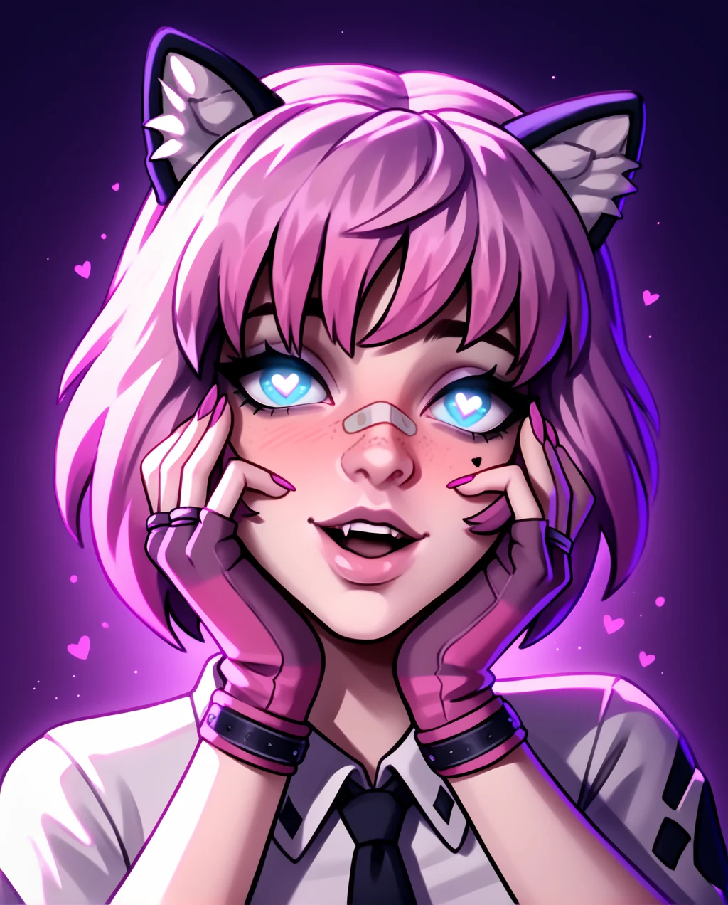 score_9, score_8_up, score_7_up, score_6_up, score_5_up, score_4_up,
BREAK
studyhall_maeve, studyhall maeve outfit, bandaid on nose, pink gloves, heart eyes, purple backlight, yandere trance, open mouth, head tilt, close-up, glowing blue eyes
BREAK
<lora:SchoolMaeve2:0.8>, <lora:yandere_trance_v1_pruned:0.75>