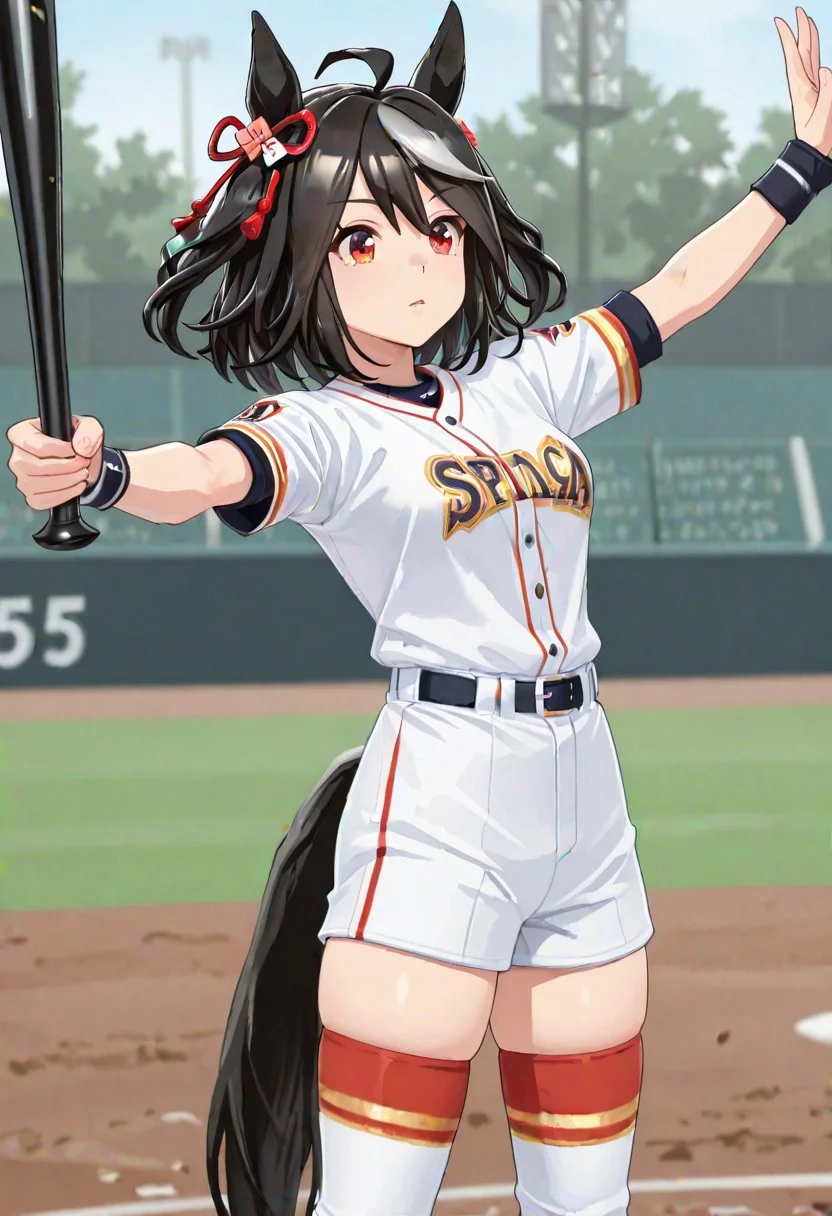 (1girl:1.2), (general:1.3), (masterpiece:1.2), newest, <lora:IchiroBattingStance_ill_v01:1>,kitasan black \(umamusume\) (holding, holding baseball bat, baseball bat:1.2), outstretched arm, (hand on own shoulder:0.7), skindentation