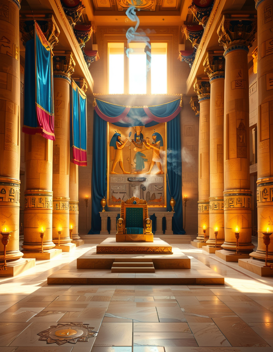A grand and majestic ancient Egyptian throne room, illuminated by the warm glow of oil lamps and torches mounted on the intricately carved sandstone walls. The room is vast, with towering columns adorned with gold-inlaid hieroglyphs and bas-reliefs depicting gods such as Ra, Osiris, and Anubis, as well as scenes of royal ceremonies and offerings. The walls are covered with colorful frescoes, painted in deep shades of blue, red, and gold, telling the stories of ancient pharaohs and their divine rule.
At the center of the hall, an ornate golden throne rests atop a raised stone platform, accessible by a few steps. The throne is adorned with intricate carvings of winged sun disks, sacred cobras, and falcon motifs, symbolizing power and divine protection. The seat and backrest are encrusted with lapis lazuli, turquoise, and carnelian, creating a striking contrast against the polished gold. Two large stone statues of sphinxes flank the throne, their watchful eyes seeming to guard the empty seat of power.
The polished limestone floor reflects the flickering golden light of the torches, creating an almost mystical atmosphere. Large braziers shaped like lotus flowers release thin trails of fragrant incense smoke, adding to the sacred and mysterious ambiance of the room.
In the background, massive stone doors, partially open, reveal a glimpse of an open courtyard with palm trees and a distant view of the Nile River under a twilight sky. Through the high ceilings, small openings allow beams of moonlight to filter in, casting soft silver highlights across the chamber, blending with the warm tones of the torchlight.
The atmosphere is one of silence, mystery, and timeless majesty, as if the room has been left untouched for centuries, awaiting the return of a forgotten ruler.
<lora:SDXLFaeTastic2400:0.4> <lora:extremely_detailed:0.4> extremely detailed, <lora:ancient_Egyptian_thr0n3_r00m:1>,ancient Egyptian thr0n3 r00m, Masterpiece,best quality,hi res,8k,hi res,8k,award winning,(sharp focus, intricate, highly detailed),