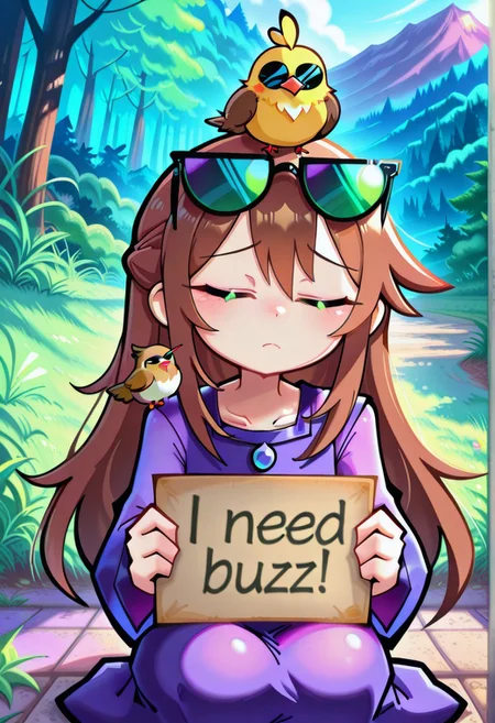 Funset, brown hair, sidelocks, half updo, long hair, purple dress, masterpiece, best quality, absurdres, cute, kawaii,
outdoors, nature,
dog, green eyes,bird on head, bird on shoulder, closed eyes,
intricate, highly detailed, majestic, sad, frown, sunglasses, looking at viewer, solo, sitting on ground, feral, need_buzz, holding sign,