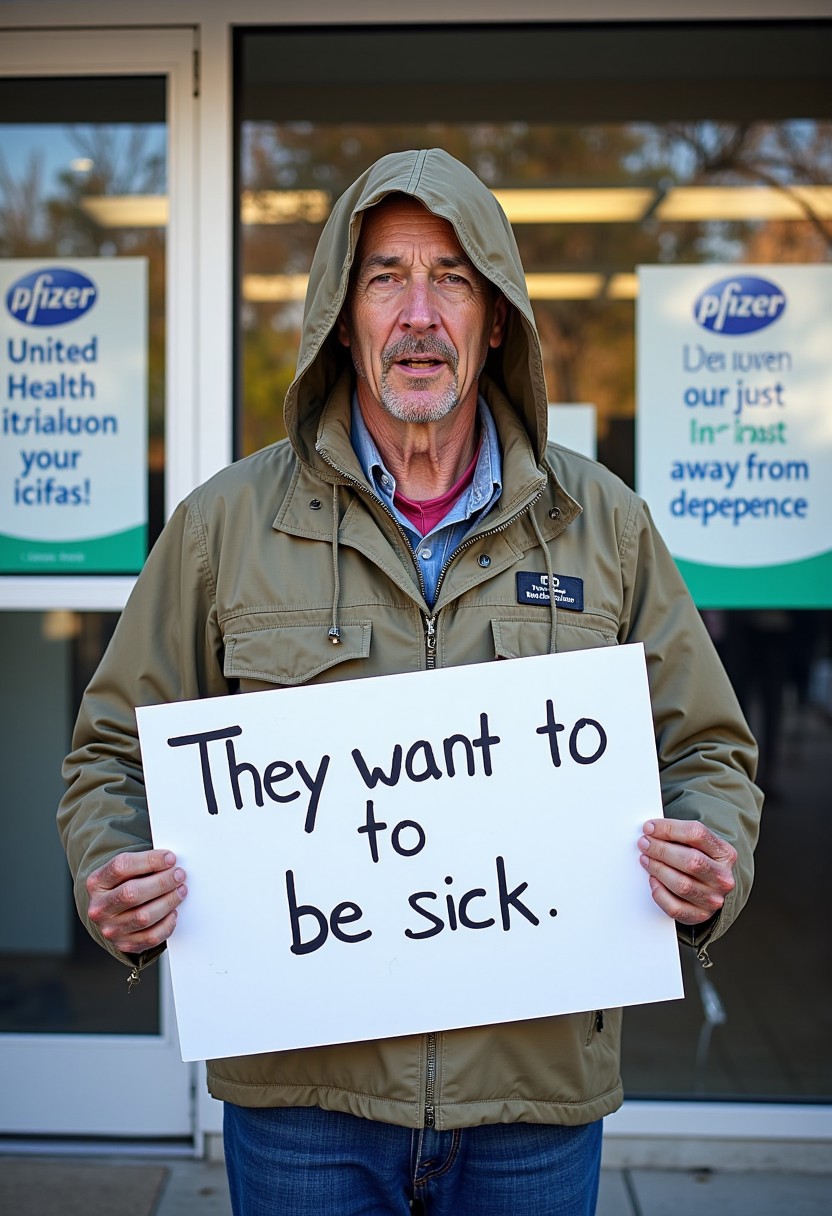 (A very sick individual:1.2), hold sign that reads, "they want to be sick", standing outside clinic, (posters reading, "United Health to help improve your disease", "pfizer just a shot away from dependence"