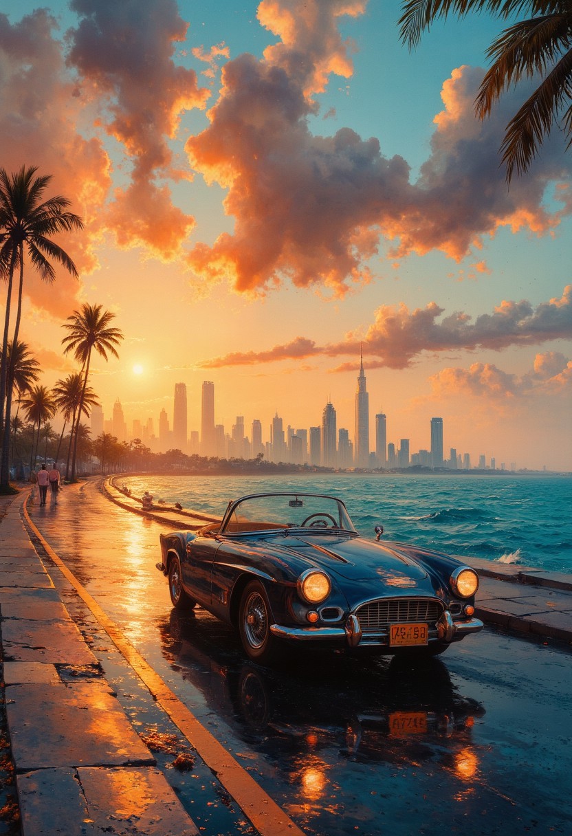 A sunset retro drive by Miami Beach, imbued with a captivating noir and gold theme. The scene features a sleek vintage sports car, its glossy black finish shimmering with golden reflections, cruising along an endless coastal highway. The ocean glistens like molten gold under the fading light, while the retro skyline of Miami Beach rises in the background, outlined in radiant gold and shadowy silhouettes. Neon accents pulse softly in warm amber tones, blending with the golden horizon. Palms sway gently, their fronds catching the glow of the sun's final rays, creating a dreamy, nostalgic atmosphere.