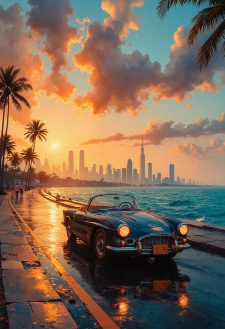 A sunset retro drive by Miami Beach, imbued with a captivating noir and gold theme. The scene features a sleek vintage sports car, its glossy black finish shimmering with golden reflections, cruising along an endless coastal highway. The ocean glistens like molten gold under the fading light, while the retro skyline of Miami Beach rises in the background, outlined in radiant gold and shadowy silhouettes. Neon accents pulse softly in warm amber tones, blending with the golden horizon. Palms sway gently, their fronds catching the glow of the sun's final rays, creating a dreamy, nostalgic atmosphere.
