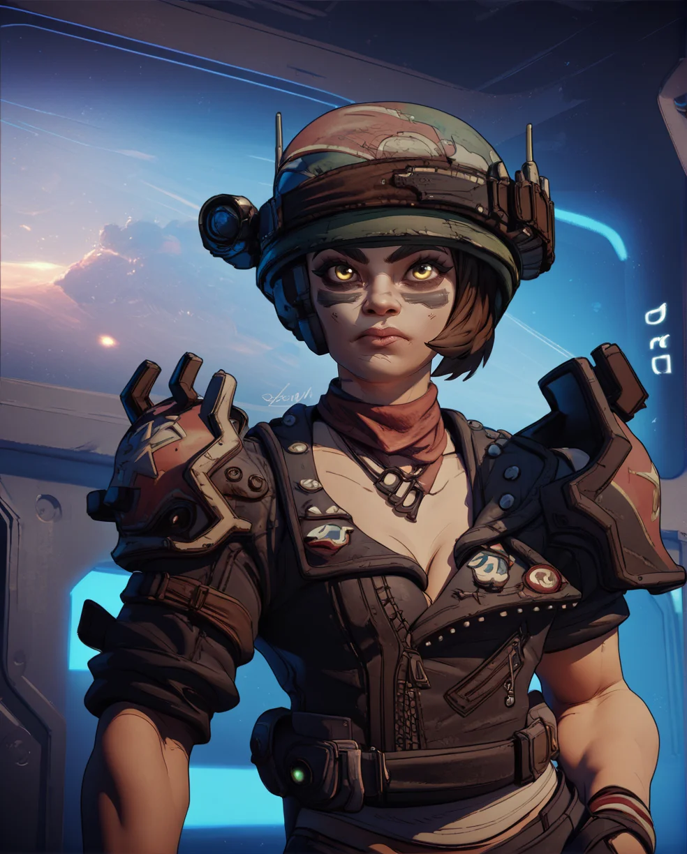 score_9,score_8_up,score_7_up,
Mozexl,short brown hair,yellow eyes,cheek facepaint,hands in pockets,
helmet,fingerless gloves,necklace,belt,shoulder armor,scarf,leather jacket,midriff,cleavage,
standing,upper body,
cyberpunk bar,space station,<lora:MozeXL:1>,