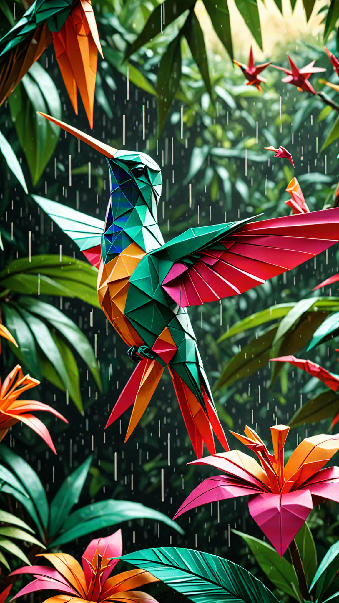 The art of Origami, Paper folding, Origami, Humming Bird, Tropical flower, Rain Forest,  insanely detailed and intricate, hyper maximalist, elegant, hyper realistic, super detailed, vivid colours, sunrise, ornate, dynamic, articulate, 8K, Amazing colours, Intricate details, Painstaking Attention to Details, 3D render, UHD