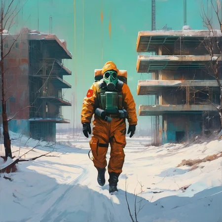 (a Retro Futurism Art style painting of A man in a biohazard suit and a gas mask walks in the snowy Pripyat:1.2) by (josan gonzalez and John Singer Sargent and sergey kolesov and Craig Mullins and hermann corrodi and aleksander rostov and kaspar tamsalu and Franz Kline:1.2)